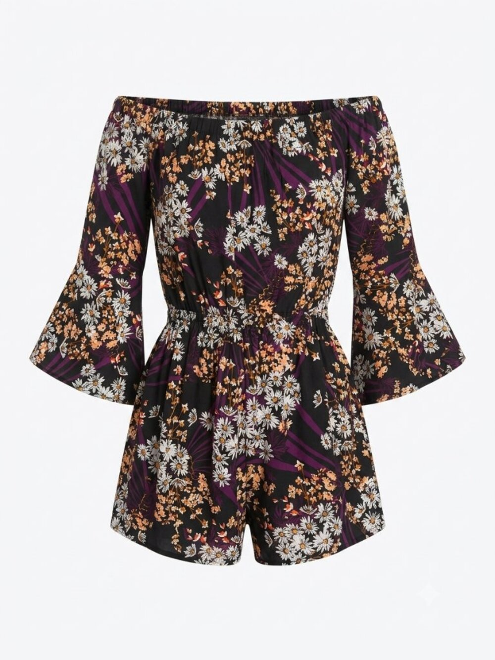 Express Black Floral Off-Shoulder Bell Sleeve Romper XS
